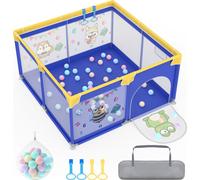 UISEBRT Baby Parc 127 x 127 cm, Parc antidérapant avec tente de jeu portable, barrière de sécurité et barrière de protection pour jeunes enfants, bleu avec motifs d'animaux