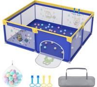 UISEBRT Baby Parc 150 x 180 cm, Parc antidérapant avec tente de jeu portable, Barrière de sécurité et barrière de protection pour jeunes enfants, Bleu avec motifs d'animaux