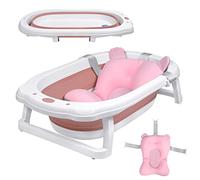 UISEBRT Baignoire Pliable pour Bébé avec Coussin de Bain Bassin de Douche Portable, Ergonomique, Antidérapante, Ultra Compacte, pour Nouveau-né, Bébés de 0 Mois+, Rose