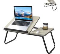 UISEBRT Blanc chaud Table pour ordinateur portable réglable en hauteur & pliable 64x33x28cm, Lapdesk avec Cup Slot, 5 niveaux d'inclinaison et double surface, idéal pour le lit, le canapé, les études