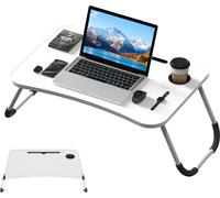 UISEBRT Blanc Table d'ordinateur portable pliable pour lit & canapé 60 x 40 x 28 cm, Table d'ordinateur portable multifonctionnelle avec porte-boisson, slot table et slot tasse, Table MDF légère pour