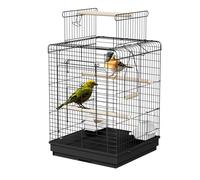 UISEBRT Cage à oiseaux, avec toit ouvert, barres en bois et mangeoires, grande mangeoire à oiseaux, en métal, pour pinsons, canaris, perruches, perruches, noir (type D, 40 x 40 x 72 cm)