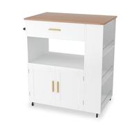 UISEBRT Chariot de cuisine avec plan de travail en bois, armoire de cuisine sur roulettes avec tiroir et étagère, blanc, chariot de service de style maison de campagne, chariot de cuisine mobile, 93 x