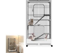 UISEBRT Clapier gris à 2 niveaux pour lapins, cage pour petits animaux pour cochons d'Inde et lapins, avec fermetures de sécurité et fond amovible, 73 x 50 x 113 cm