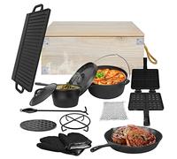 UISEBRT Dutch Oven Set 12 pièces dans une boîte en bois Four Néerlandais - Beaucoup d'accessoires en fonte déjà brûlée- Avec Dutch Oven, plaque de barbecue, Poignée, Support