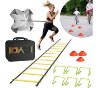 UISEBRT Football Accessoires d'entraînement Speed & Agility Set pour garçons : 6 haies réglables, échelle de coordination de 6m, 12 cônes et parachute de résistance