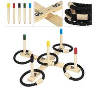 UISEBRT Jeu de lancer à anneaux en pin - Jeux de jardin d'extérieur pour enfants et adultes avec 5 bâtons de jeu + 5 anneaux en nylon pour le jardin, le parc, la maison
