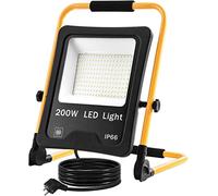 UISEBRT LED Projecteur de chantier 200W avec support et câble d'alimentation - Projecteur de travail à LED étanche IP66 pour l'intérieur et l'extérieur, Blanc Froid