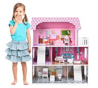 UISEBRT Maison de Poupée Bois 3 Étages, avec Meubles et Accessoires, Ensemble de Jeu de poupée, Cadeau Dès 3 Ans, Type A