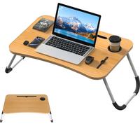 UISEBRT Noyer Table d'ordinateur portable pliante pour lit & canapé 60 x 40 x 28 cm, Table d'ordinateur portable multifonctionnelle avec porte-boisson, slot table et slot tasse, Table MDF légère pour
