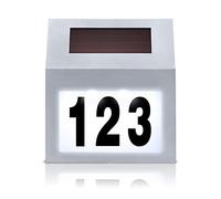 UISEBRT Numéro de maison solaire à LED illuminé en acier inoxydable - avec 2 LED pour l'extérieur - Lumière solaire avec interrupteur crépusculaire et panneau solaire en silicium amorphe (Argent)