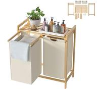 UISEBRT Panier à linge en bambou avec 2 compartiments, 72L Trieur à linge en tissu Oxford, système de tri du linge détachable et lavable, 73x64x33,5cm, Beige