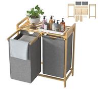 UISEBRT Panier à linge en bambou avec 2 compartiments, trieur de linge 72L en tissu Oxford, système de tri du linge amovible et lavable, 73 x 64 x 33,5 cm, Gris