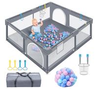 UISEBRT Parc bébé 150 x 180 cm avec filet respirant, 50 balles, mini paniers, aire de jeux de sécurité, grille d'éveil pour enfants, gris