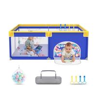 UISEBRT Parc pour bébé 150 x 180 cm avec 50 balles océan, 4 anneaux de traction, sac de transport, tente pliable avec filet respirant pour enfants, bleu avec motifs d'animaux