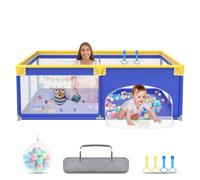 UISEBRT Parc pour bébé - 180 x 200 cm - Avec 50 balles océan et 4 anneaux de traction et sac de transport - Pliable - Avec filet respirant - Pour enfants - Bleu avec motifs d'animaux