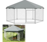 UISEBRT Premium Chenil hexagonal avec toit pare-soleil en Oxford 420D Grande cage pour chien Maison pour chien résistant aux intempéries Niche pour chien Parc pour animaux galvanisé avec porte verroui