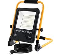 UISEBRT Projecteur de chantier LED 100 W blanc froid avec support et câble d'alimentation - Projecteur de travail LED étanche IP66 pour l'intérieur et l'extérieur - garage, terrain de sport, chantier