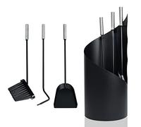 UISEBRT Serviteur de cheminée moderne en acier inoxydable 4 pièces avec support, balai, tisonnier, pelle à cendres, couverts de four avec poignées en acier inoxydable, noir