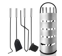UISEBRT Serviteur de cheminée moderne en acier inoxydable 5 pièces avec support, balai, pince, tisonnier, pelle à cendres, couverts de four avec poignées en acier inoxydable, argenté