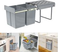 UISEBRT Trieuse de déchets encastrable Système de tri des déchets avec 2 collecteurs amovibles, 2x15L - rails télescopiques pour la cuisine, gris, 48x34x35 cm