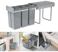 UISEBRT Trieuse de déchets encastrable Système de tri des déchets avec 3 collecteurs amovibles, 3x10L - rails télescopiques pour la cuisine, gris, 48x26x42 cm
