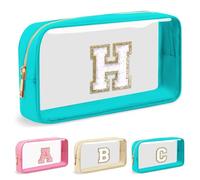 UIXIZQ Preppy Trousse de maquillage transparente avec lettre initiale personnalisée, petite trousse cosmétique en nylon et PVC avec lettre chenille, trousse de toilette de voyage, monogramme cadeau de