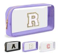 UIXIZQ Preppy Trousse de maquillage transparente avec lettre initiale personnalisée, petite trousse cosmétique en nylon et PVC avec lettre chenille, trousse de toilette de voyage, trousse à crayons