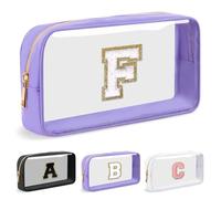 UIXIZQ Preppy Trousse de maquillage transparente avec lettre initiale personnalisée, petite trousse cosmétique en nylon et PVC avec lettre chenille, trousse de toilette de voyage, trousse à crayons