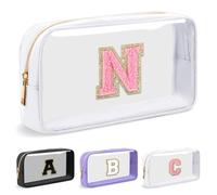 UIXIZQ Preppy Trousse de maquillage transparente avec lettre initiale personnalisée, petite trousse cosmétique en nylon et PVC avec lettre chenille, trousse de toilette de voyage, trousse à crayons