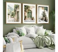 Uixxducc Lot de 3 posters muraux, abstraits, architecture méditerranéenne, murs en pierre, portes vertes, rustiques, modernes, pour salon, chambre à coucher, sans cadre, 30 x 40 cm