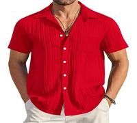 UJEDFHV Chemise Homme Manches Courtes Chemise d'été à Manches Courtes for Homme, Couleur Unie, Respirante, à Rayures, avec Poches, Style Vacances et Plage(Red,M)