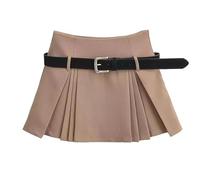 UJEDFHV Jupe Plissée Jupes Courtes plissées latérales for Femmes Mini Jupe Noire Preppy Casual Slim A-Line avec Short intérieur et Ceinture(Khaki,L)
