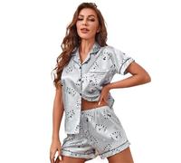 UJEDFHV Pyjama Femme Satin Women's Cute Tiger Print Satin Pajama Set, Short Sleeve Button-Up Shirt and Shorts Comfort Sleepwear, Summer Casual Loungewear(XL)