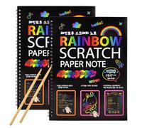 Ujjdwiurgh 2 Pièces de Papier à Gratter Arc-En-Ciel, Livre D'Art pour Enfants, Carnet de Notes en Papier à Gratter + Bâton en Bois