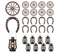 Ujjdwiurgh 24 Pièces de Décorations de Fête sur Le Thème de L'Ouest, Centres de Table de Cow-Boy, Mini Lanternes en Fer à Cheval Porte-, Artisanat en Bois à Quatre Roues