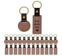 Ujjdwiurgh 26 Pièces de Porte-Clés en Cuir et Bois Vierges, Porte-Clés Rectangulaires et Ronds Vierges avec Gravure sur Bois et Lanière en Cuir, pour Bricolage