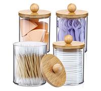 Ujjdwiurgh Boîte de Rangement Qtip Holder Organisateur de Salle de Bain Accessoires Conteneurs de Stockage Bocaux en Plastique Transparent avec Couvercles en Bambou pour Boule de Coton,
