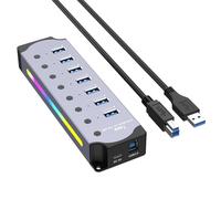 Ujjdwiurgh Concentrateur USB 3.0, Hub 7 Ports RGB avec Bande LED, Modes Dynamiques, Interrupteurs, Boîtier en Aluminium pour PC, Ordinateurs Portables, Prise EU