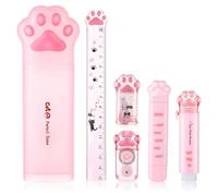 Ujjdwiurgh Ensemble de Papeterie Patte de Chat Mignon, 6 Pièces Kit de Papeterie Chat Kawaii Taille-Crayon Gomme Rétractable Règle de Bande Correctrice Rose