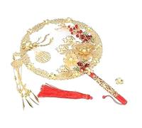 Ujjdwiurgh Éventails Ronds Chinois Vintage, Éventail en Alliage en Forme de Phénix, Éventail à Main de Fleur Dorée avec Pompon, Éventail de Groupe de Mariée de Mariage Facile à Utiliser