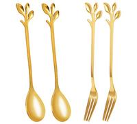 Ujjdwiurgh Fourchette Cuillère À Café De Feuille D'Or Vaisselle, Paquet De 4 (2 Cuillères 2 Fourchettes) Petite Tasse À Café Cuillère De Fourchettes À Dessert Et Apéritif,Ensemble