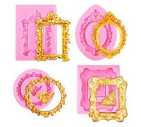 Ujjdwiurgh Lot de 4 moules en silicone pour cadre photo, style baroque, argile séchée à l'air libre, mini moules pour décoration de cupcakes