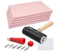 Ujjdwiurgh Lot de 5 blocs de sculpture en caoutchouc rose pâle de 10,2 x 15,2 cm avec coupe-linoléum et rouleau de brayer en caoutchouc