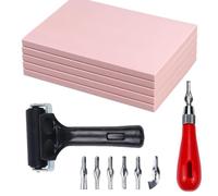 Ujjdwiurgh Paquet de 5 Blocs de Sculpture de Tampons en Caoutchouc avec Outils de Coupe et Rouleau de Brayer en Caoutchouc pour la Gravure et plus D'Artisanat