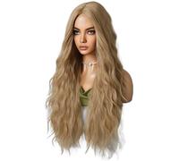 Ujjdwiurgh Perruque Longue Bouclée avec Raie au Centre pour Femme, Frange Ondulée en Fibre Chimique, Perruque Sable Doré 72 cm