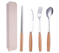 Ujjdwiurgh Portable Toolbox -4 PièCes D'Ensembles de Vaisselle RéUtilisables de Voyage CuillèRe Fourchette en Acier Inoxydable Manche en Bois/DéJeuner de Bureau Portable