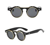 UJNHGQ Lunettes de soleil rondes à rabat style steampunk vintage, classiques, double couche, design à clapet, c2, noir brillant, 1