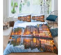 UJSDVNNJJ Amsterdam Canal Housse de Couette Microfibre résistante 3 pièces 3D Effet Confortable European Historic Ensemble De Literie avec Fermeture Éclair Douce for Hommes Enfants Double（200x200cm）