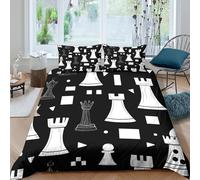 UJSDVNNJJ Chess Pieces Parure de Lit Facile d'entretien Microfibre 3 Pièces 3D Imprimée Noir Blanc Motif Linge de Lit avec Fermeture Éclair Respirante for Enfants Garçons Filles Single（140x200cm）